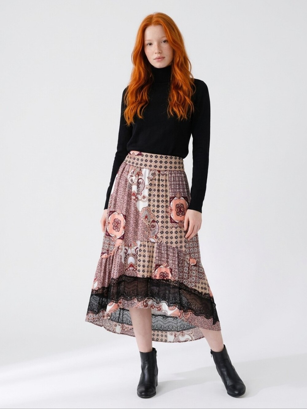 Kocca Collection Asymmetric Patchwork Pattern Lace Detail NWT Maxi Skirt Size 10